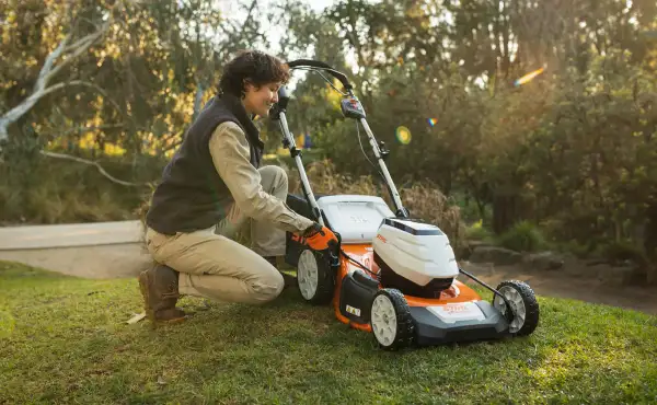 Fresh spring lawn with dew and garden tools ready for the season