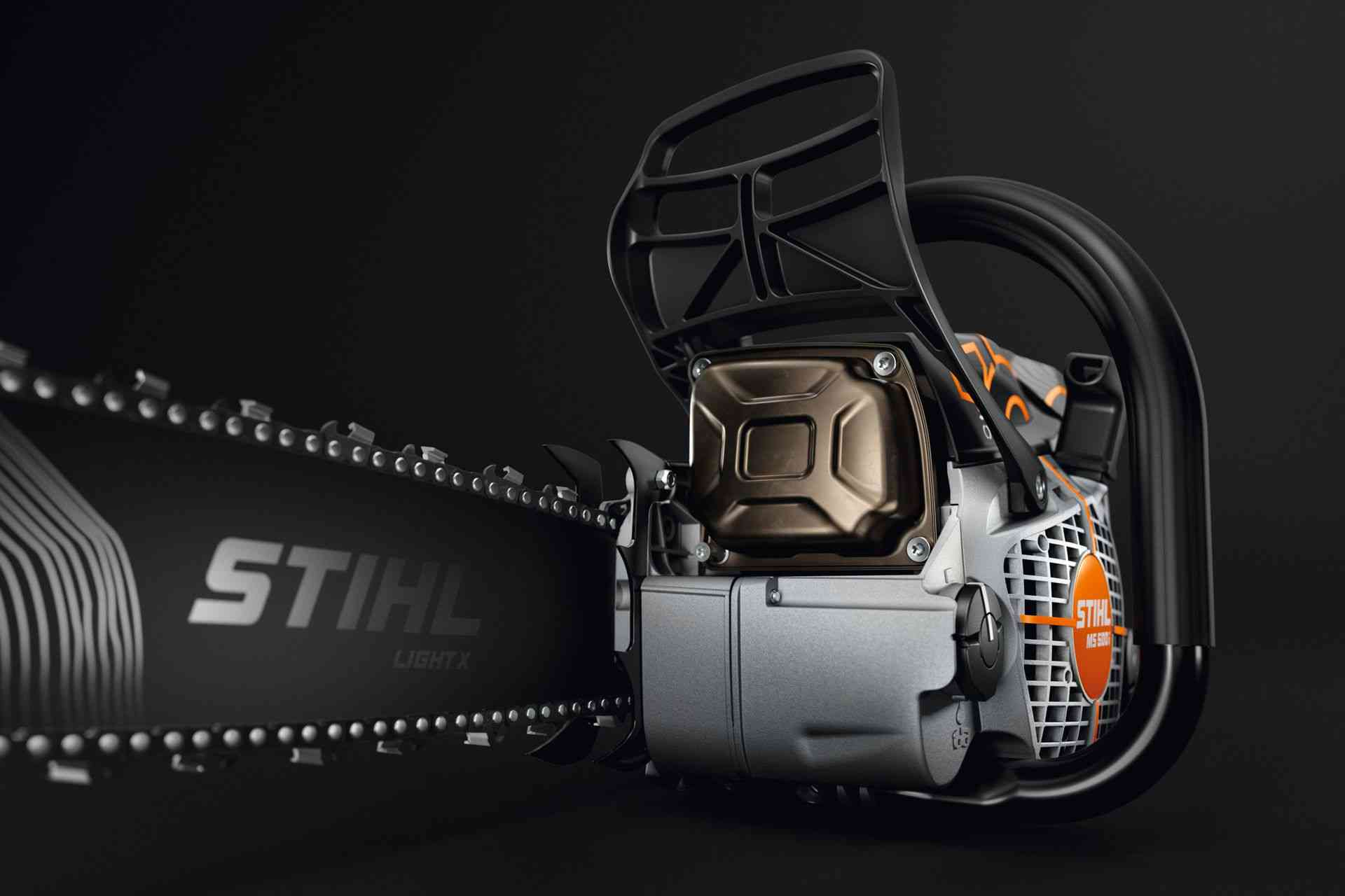 STIHL MS 500i Centennial Edition chainsaw with 100-year anniversary bar