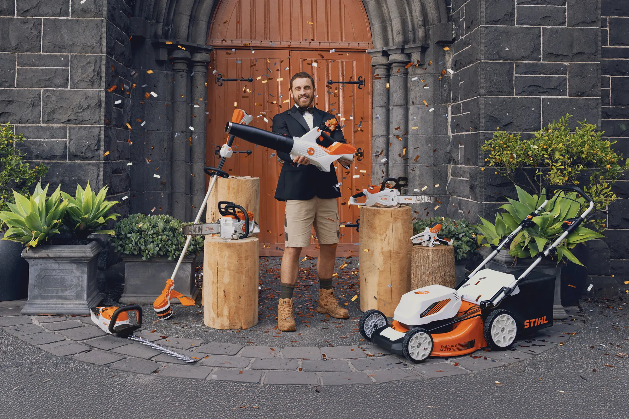 A collection of STIHL tools and merchandise wrapped for Christmas